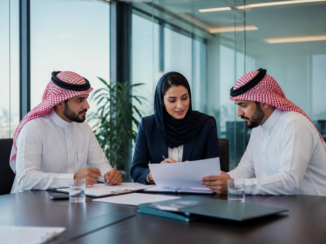 Consultants reviewing investment license documents with a client in a Riyadh office